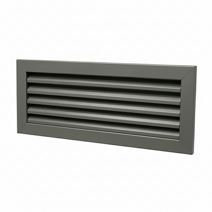 A rectangular grey powder-coated aluminum louvre air vent grille. The image showcases the fixed angled blades designed for efficient airflow and ventilation, ideal for wall-mounted installation in residential and commercial HVAC systems to provide a clean, professional finish.