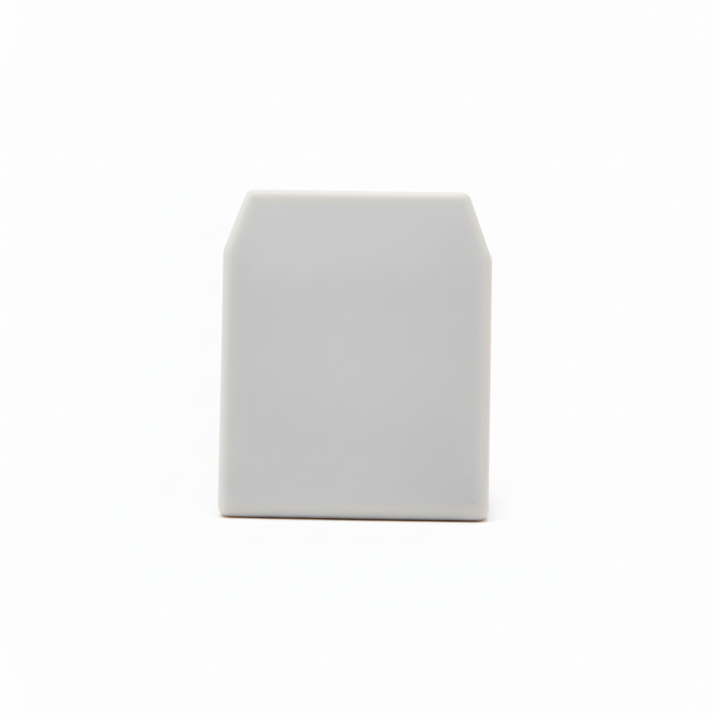 A minimalist grey plastic end cap designed for sealing aluminum LED profiles or furniture channels. This durable cover provides a clean, professional finish to hardware installations while protecting internal components from dust and debris.