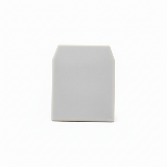 A minimalist grey plastic end cap designed for sealing aluminum LED profiles or furniture channels. This durable cover provides a clean, professional finish to hardware installations while protecting internal components from dust and debris.