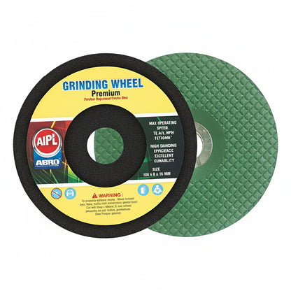 A pair of Premium Grinding Wheels, including a front view of the labeled black abrasive disc and a back view showing the green textured surface. This $106 \text{ mm} \times 16 \text{ mm}$ size wheel is designed for high-efficiency grinding and excellent durability in metalworking and fabrication.