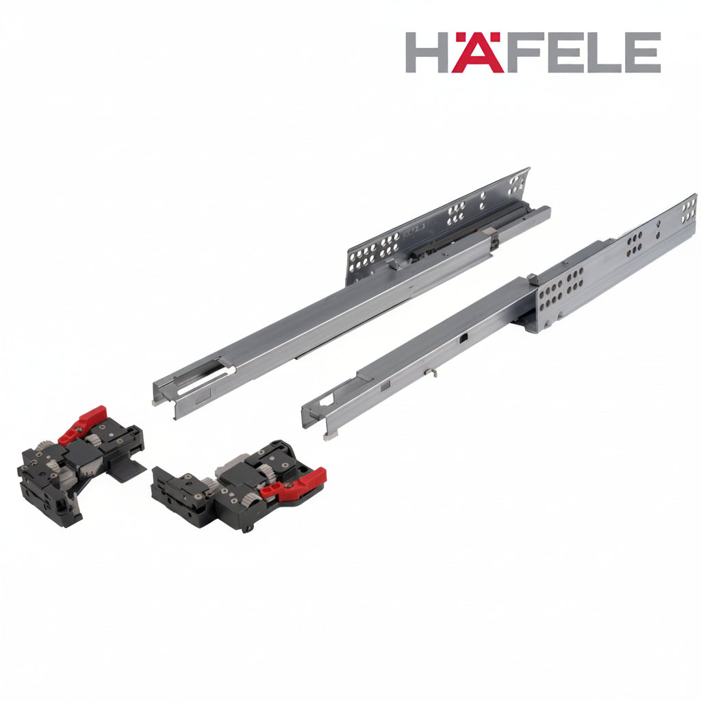 A professional set of Hafele concealed under-mount drawer runners made of high-quality galvanized steel. The image displays a pair of full-extension slides along with their corresponding black and red front-locking devices, designed for a clean, handle-less furniture aesthetic with integrated soft-close technology.