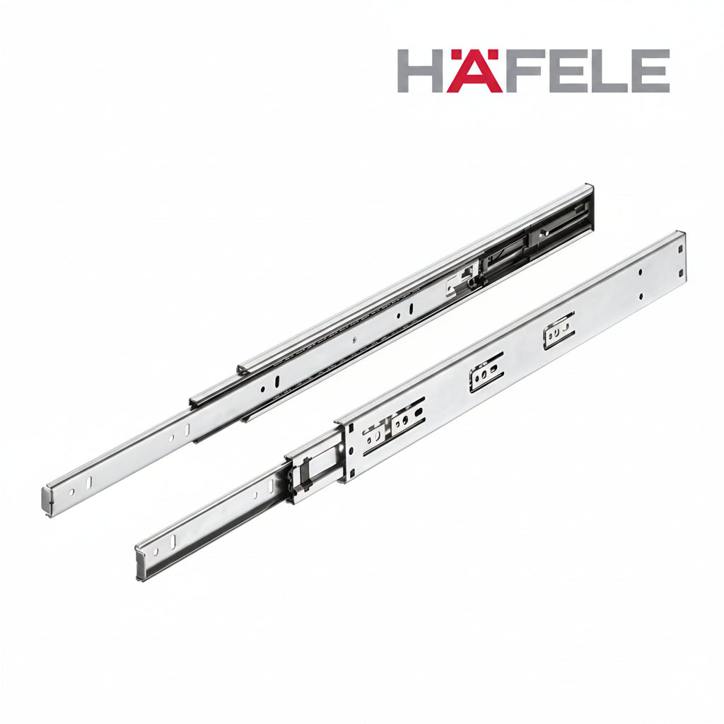 A pair of professional Hafele full-extension ball-bearing drawer runners made of high-grade zinc-plated steel. The image displays the telescopic slide mechanism in a partially extended position, showcasing the durable metallic construction and mounting holes for kitchen and office cabinet drawers.