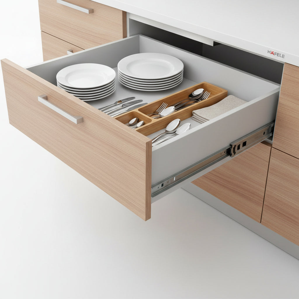 An open kitchen drawer featuring Hafele full-extension ball-bearing slides for smooth operation. The drawer is organized with a wooden cutlery tray, white ceramic plates, and silverware, highlighting premium hardware in a modern light wood cabinet with a minimalist silver handle.