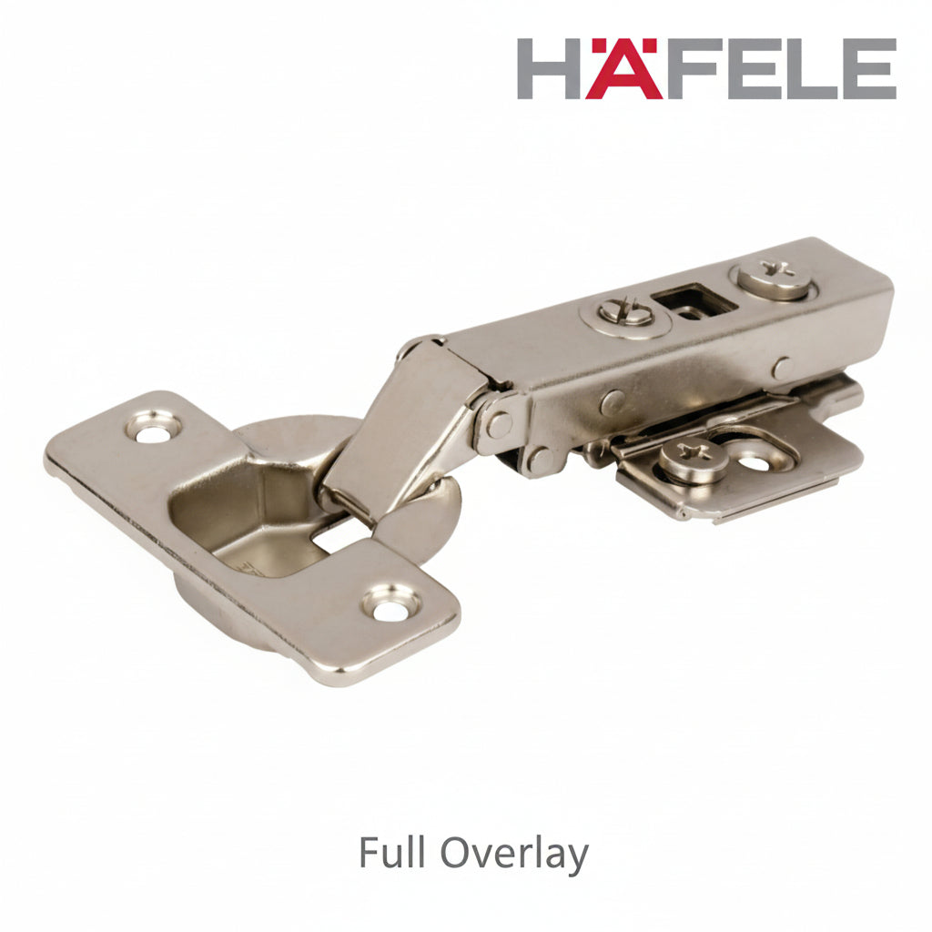 A professional-grade Hafele full overlay concealed cabinet cup hinge made of durable nickel-plated steel. The image shows the hinge assembly with adjustable screws and mounting plate, designed for seamless kitchen cabinet and wardrobe door installation.
