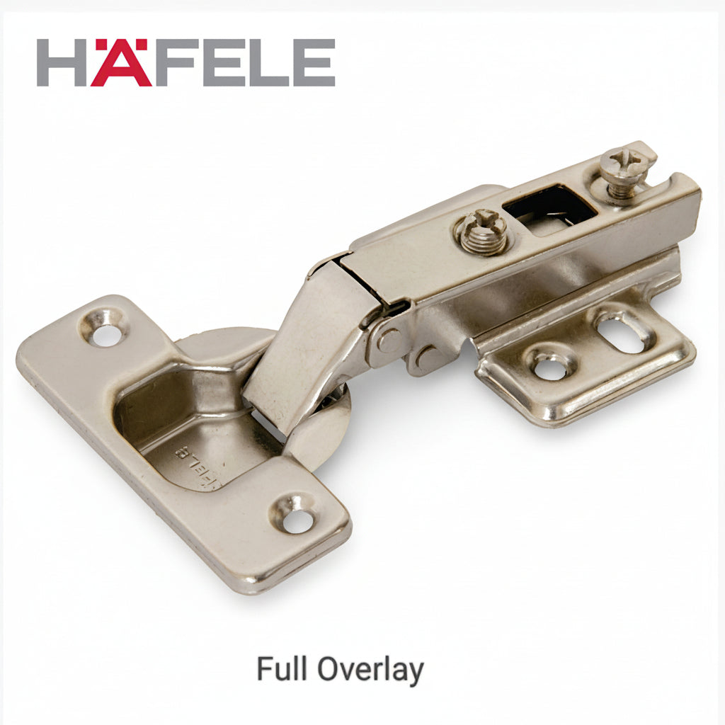 A professional-grade Hafele full overlay concealed cabinet cup hinge constructed from durable nickel-plated steel. The image displays the complete hinge assembly, including the adjustable mounting plate and screws, designed for kitchen cabinets and wardrobe doors.