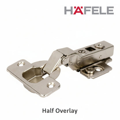 A professional-grade Hafele half overlay concealed cabinet cup hinge made of durable nickel-plated steel. The image features a high-crank hinge arm and mounting plate with adjustment screws, designed for shared-partition cabinet door installations in kitchens and wardrobes.