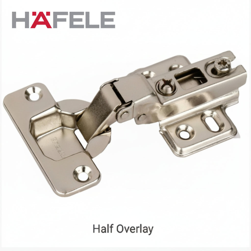 A professional-grade Hafele half overlay concealed cabinet cup hinge made of durable nickel-plated steel. The image showcases the high-crank hinge arm and mounting plate with adjustment screws, designed for shared-partition cabinet door installations.