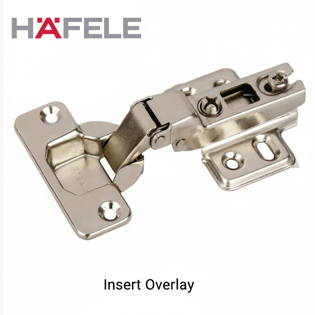 A professional-grade Hafele inset overlay concealed cabinet cup hinge constructed from durable nickel-plated steel. The image displays the high-crank hinge arm and adjustable mounting plate designed specifically for cabinet doors that sit flush within the cabinet frame.