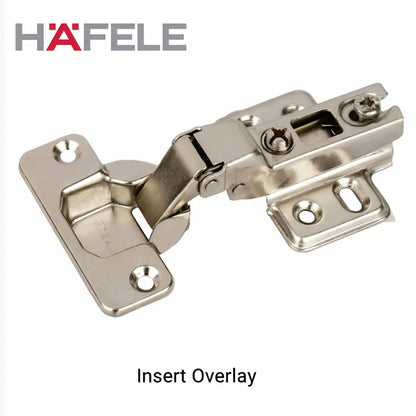 A professional-grade Hafele inset overlay concealed cabinet cup hinge constructed from durable nickel-plated steel. The image displays the high-crank hinge arm and adjustable mounting plate designed specifically for cabinet doors that sit flush within the cabinet frame.