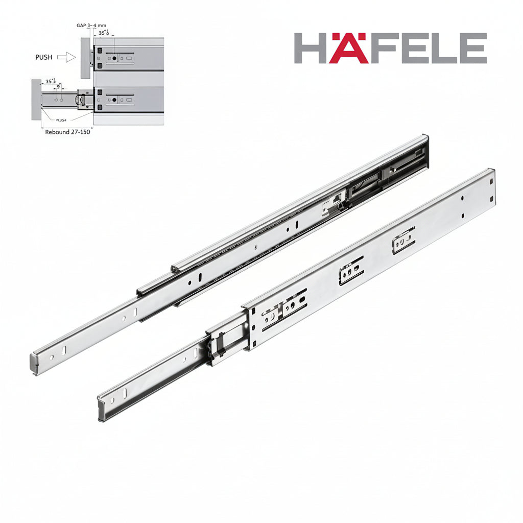 A pair of professional Hafele push-to-open full-extension ball-bearing drawer runners made of high-grade zinc-plated steel. The image includes a technical installation diagram showing the required 3-4mm gap for the rebound mechanism and mounting specifications for handle-less cabinet drawers.