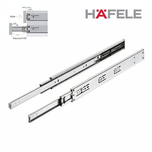 A pair of professional Hafele push-to-open full-extension ball-bearing drawer runners made of high-grade zinc-plated steel. The image includes a technical installation diagram showing the required 3-4mm gap for the rebound mechanism and mounting specifications for handle-less cabinet drawers.