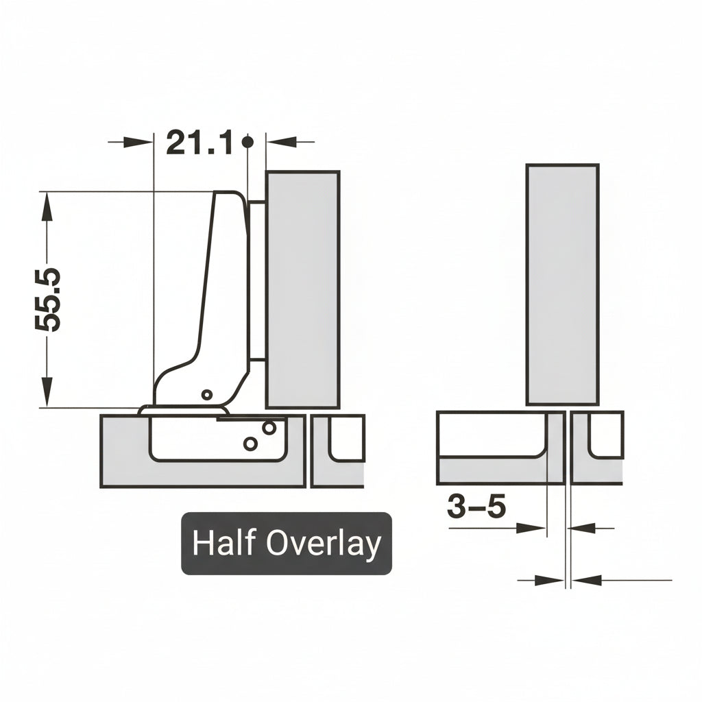 A technical diagram for a half overlay cabinet hinge displaying mounting dimensions, including a 55.5mm arm length and a 21.1mm width. The schematic illustrates the installation of two doors on a shared central partition with a 3-5mm gap requirement for proper clearance.