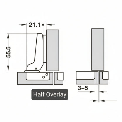 A technical diagram for a half overlay cabinet hinge displaying mounting dimensions, including a 55.5mm arm length and a 21.1mm width. The schematic illustrates the installation of two doors on a shared central partition with a 3-5mm gap requirement for proper clearance.