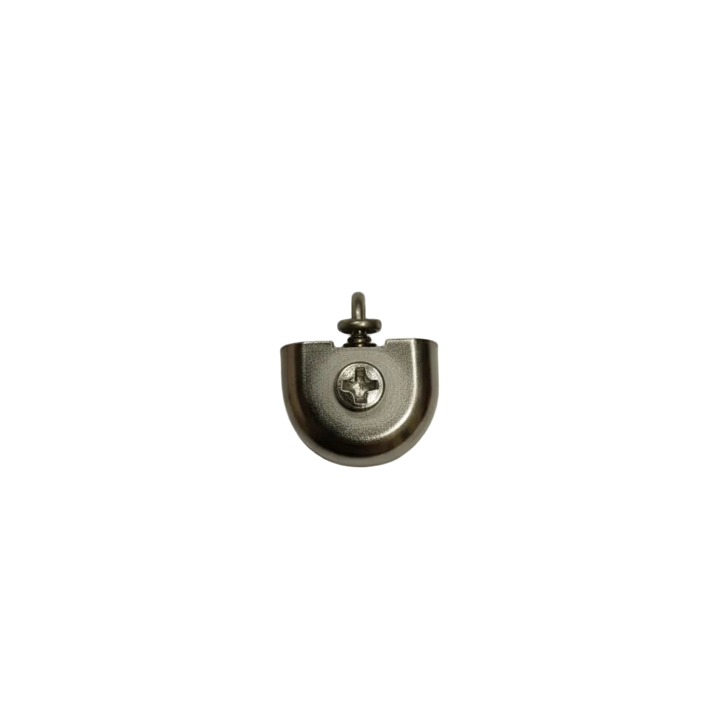 A professional-grade stainless steel end stop for curtain track systems, featuring a rounded metallic body and a precision Phillips-head locking screw. The component is designed to provide a secure terminal buffer for sliding gliders within heavy-duty drapery rails, ensuring smooth and safe operation in modern residential or commercial interiors.