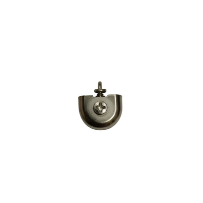 A professional-grade stainless steel end stop for curtain track systems, featuring a rounded metallic body and a precision Phillips-head locking screw. The component is designed to provide a secure terminal buffer for sliding gliders within heavy-duty drapery rails, ensuring smooth and safe operation in modern residential or commercial interiors.