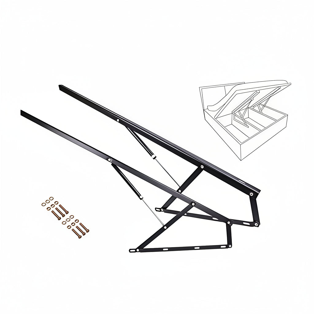 A complete Aeron hydraulic bed fitting kit featuring a pair of heavy-duty black steel lift mechanisms and high-pressure gas springs. This professional storage bed hardware includes all necessary mounting bolts and washers, providing a smooth, effortless lifting system for mattress bases to access under-bed storage compartments.