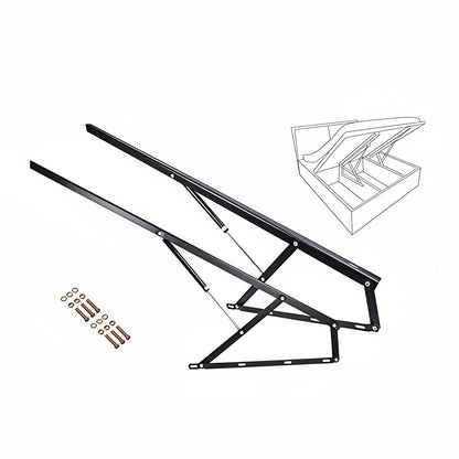 A complete Aeron hydraulic bed fitting kit featuring a pair of heavy-duty black steel lift mechanisms and high-pressure gas springs. This professional storage bed hardware includes all necessary mounting bolts and washers, providing a smooth, effortless lifting system for mattress bases to access under-bed storage compartments.