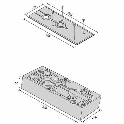 A technical dimension diagram for a heavy-duty hydraulic floor spring door closer. The schematic details the structural measurements of the closer body—250mm length, 110mm width, and 50mm depth—alongside its corresponding stainless steel cover plate measuring 266mm by 126mm. This architectural drawing provides essential installation data for recessed floor-mounted closers used in glass and wooden door systems.