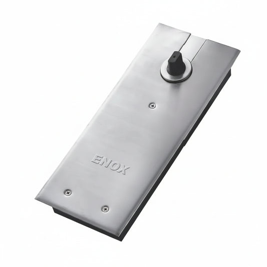 A professional-grade ENOX hydraulic floor spring featuring a high-quality brushed stainless steel cover plate. This heavy-duty floor-mounted closer is designed for frameless glass or wooden doors, providing smooth, adjustable self-closing control and 90-degree hold-open functionality. Ideal for high-traffic commercial entrances, showrooms, and modern office partitions where durable and reliable door hardware is essential.
