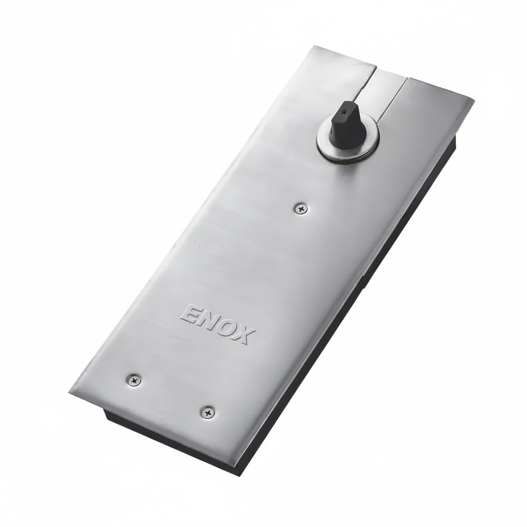 A professional-grade ENOX hydraulic floor spring featuring a high-quality brushed stainless steel cover plate. This heavy-duty floor-mounted closer is designed for frameless glass or wooden doors, providing smooth, adjustable self-closing control and 90-degree hold-open functionality. Ideal for high-traffic commercial entrances, showrooms, and modern office partitions where durable and reliable door hardware is essential.