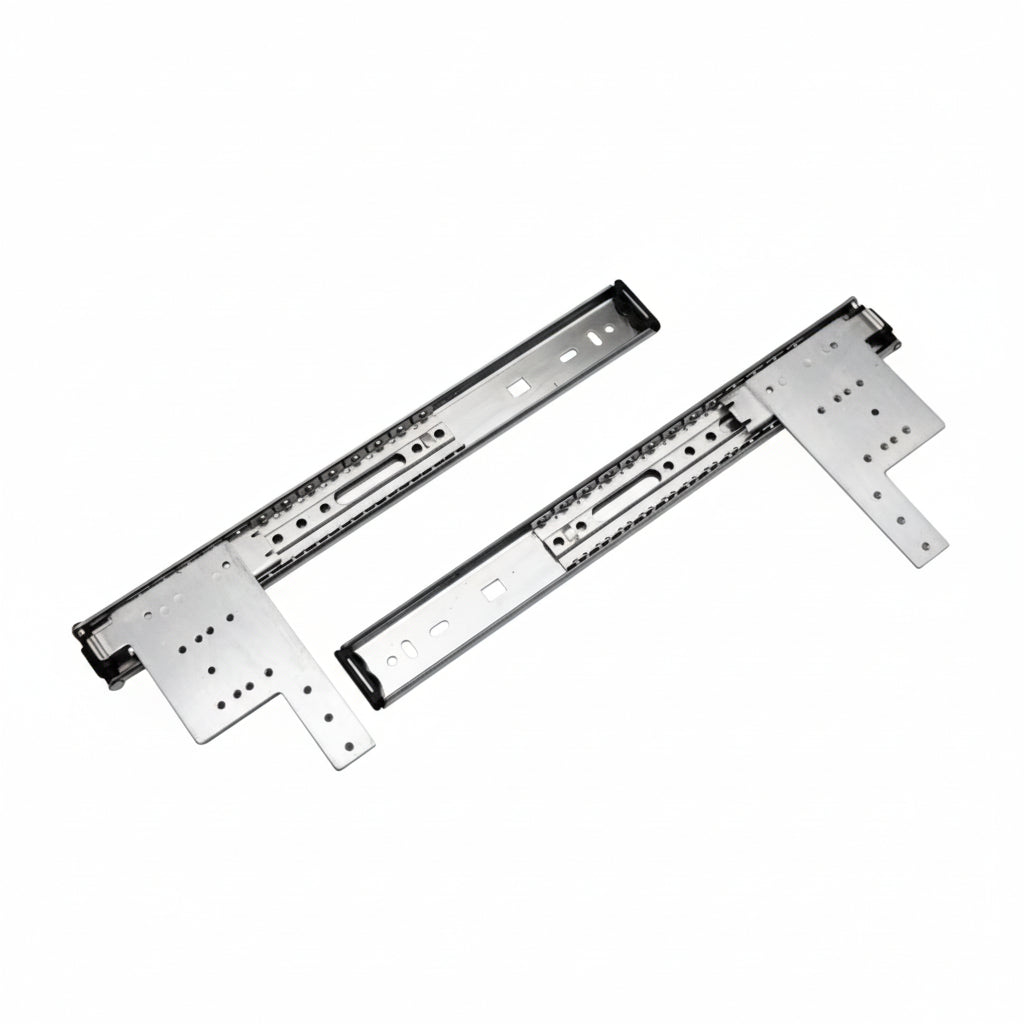 A pair of Aeron premium pocket door sliding channels featuring a high-grade galvanized steel construction. These heavy-duty telescopic slides include integrated mounting brackets with multiple screw points for a secure fit, designed to provide smooth, concealed movement for disappearing cabinet doors and space-saving furniture partitions.