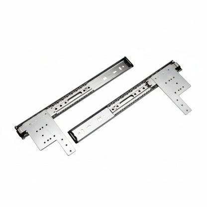 A pair of Aeron premium pocket door sliding channels featuring a high-grade galvanized steel construction. These heavy-duty telescopic slides include integrated mounting brackets with multiple screw points for a secure fit, designed to provide smooth, concealed movement for disappearing cabinet doors and space-saving furniture partitions.