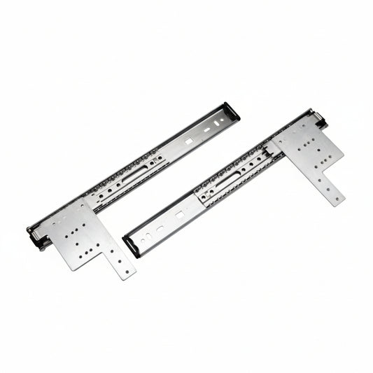 A pair of Aeron premium pocket door sliding channels featuring a high-grade galvanized steel construction. These heavy-duty telescopic slides include integrated mounting brackets with multiple screw points for a secure fit, designed to provide smooth, concealed movement for disappearing cabinet doors and space-saving furniture partitions.