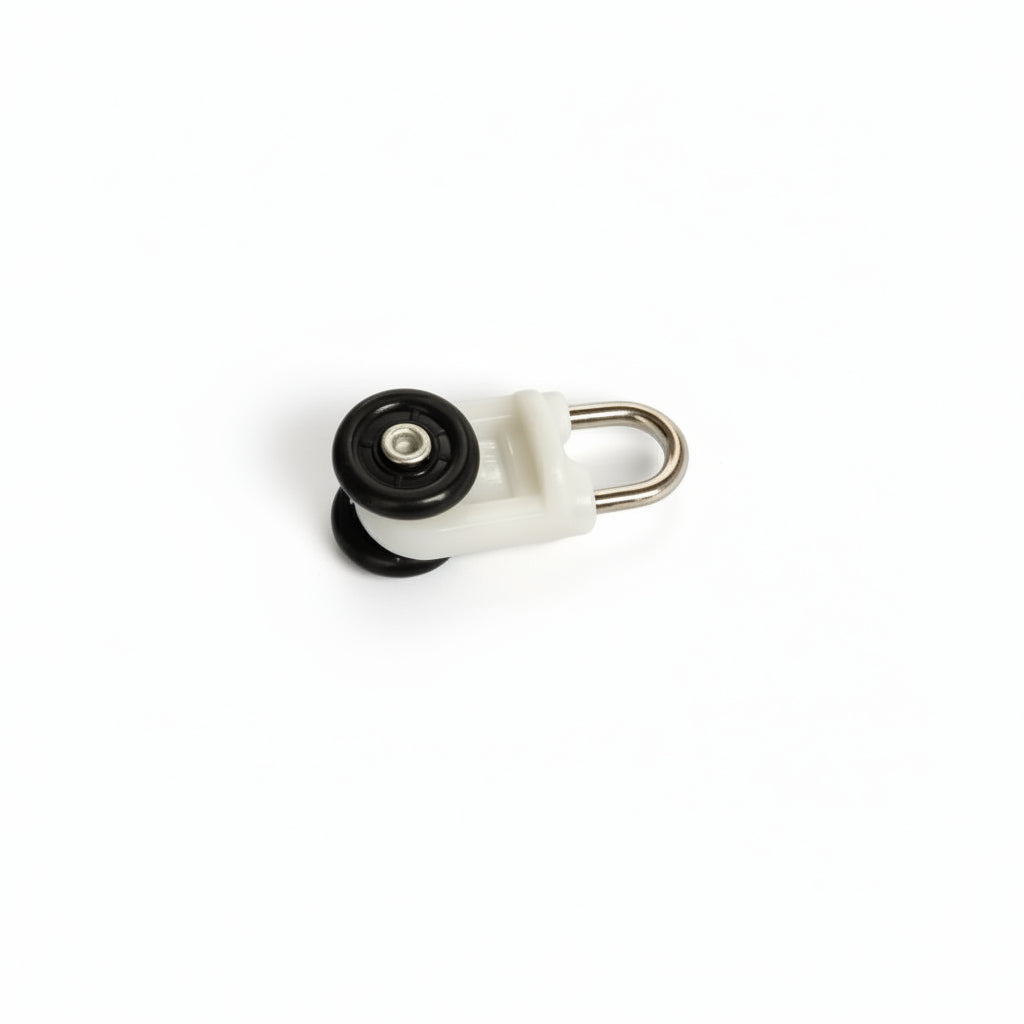 A high-quality silent curtain track glider featuring durable black nylon rollers and a sturdy white plastic housing. The component includes a polished stainless steel U-hook designed for smooth, noise-free sliding operation in heavy-duty architectural curtain and drapery rail systems.