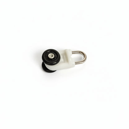 A high-quality silent curtain track glider featuring durable black nylon rollers and a sturdy white plastic housing. The component includes a polished stainless steel U-hook designed for smooth, noise-free sliding operation in heavy-duty architectural curtain and drapery rail systems.