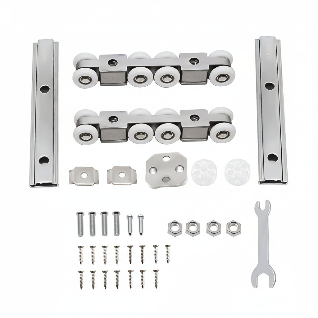 A comprehensive heavy-duty sliding door hardware kit featuring two 8-wheel nylon roller assemblies for smooth, silent operation. The kit includes high-grade stainless steel mounting tracks, a floor guide, stoppers, a complete set of screws and nuts, and a specialized installation wrench—perfect for wooden sliding doors, barn doors, and glass partitions in modern interior designs.