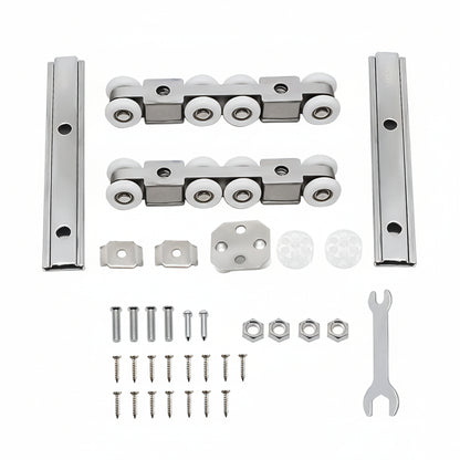 A comprehensive heavy-duty sliding door hardware kit featuring two 8-wheel nylon roller assemblies for smooth, silent operation. The kit includes high-grade stainless steel mounting tracks, a floor guide, stoppers, a complete set of screws and nuts, and a specialized installation wrench—perfect for wooden sliding doors, barn doors, and glass partitions in modern interior designs.