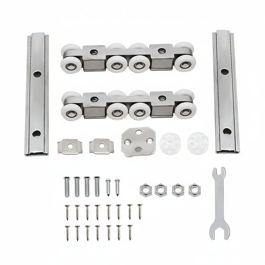 A comprehensive heavy-duty sliding door hardware kit featuring two 8-wheel nylon roller assemblies for smooth, silent operation. The kit includes high-grade stainless steel mounting tracks, a floor guide, stoppers, a complete set of screws and nuts, and a specialized installation wrench—perfect for wooden sliding doors, barn doors, and glass partitions in modern interior designs.