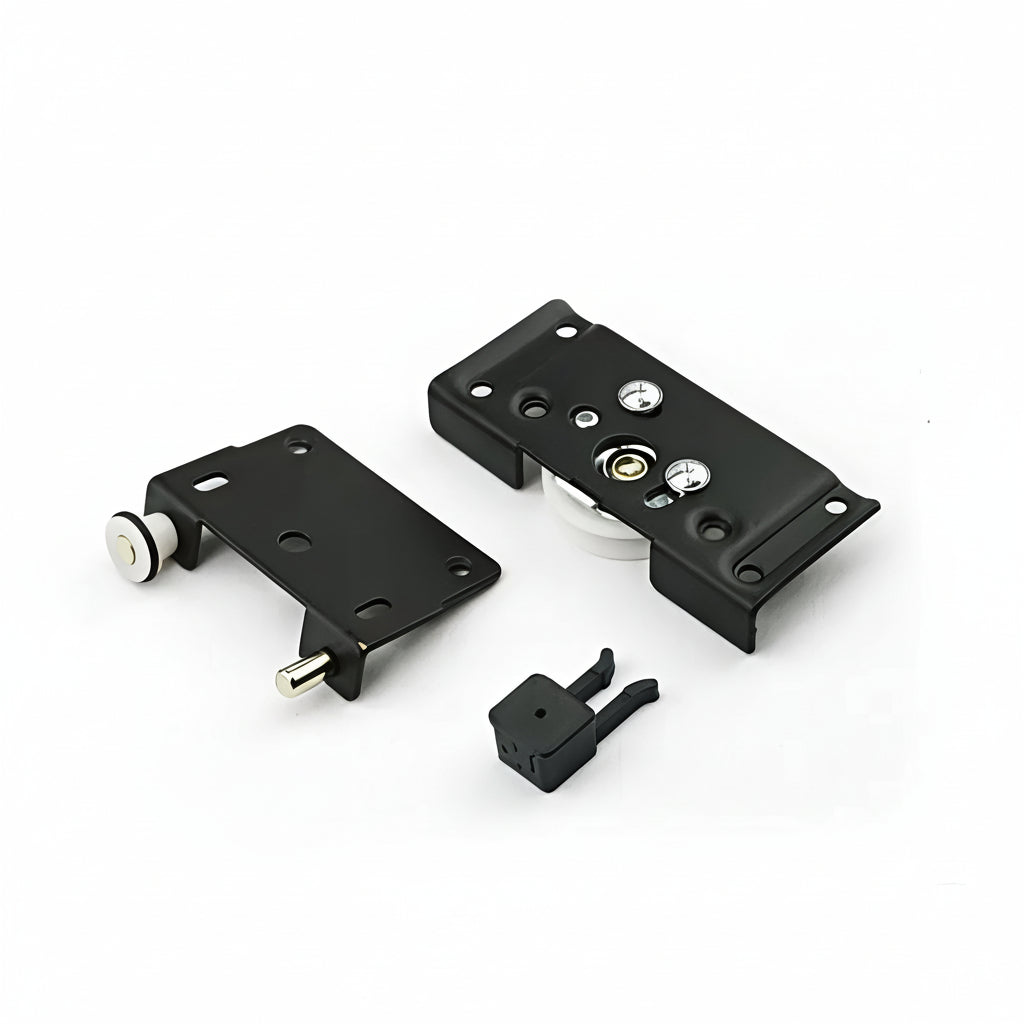 A professional-grade sliding wardrobe door roller kit in a matte black finish. This high-quality hardware set includes a heavy-duty top roller assembly with a durable nylon wheel for smooth gliding, a spring-loaded bottom guide for secure alignment, and a clip-on door stopper. Precision-engineered with multiple mounting points, it is designed to provide silent and effortless movement for wooden sliding closet doors and modern furniture partitions.
