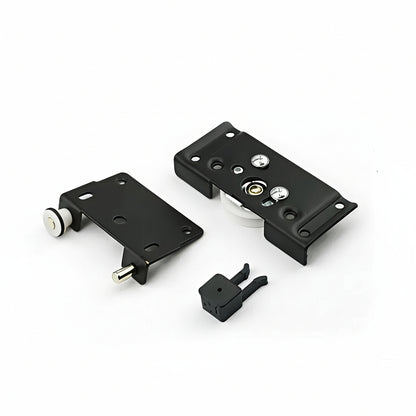 A professional-grade sliding wardrobe door roller kit in a matte black finish. This high-quality hardware set includes a heavy-duty top roller assembly with a durable nylon wheel for smooth gliding, a spring-loaded bottom guide for secure alignment, and a clip-on door stopper. Precision-engineered with multiple mounting points, it is designed to provide silent and effortless movement for wooden sliding closet doors and modern furniture partitions.