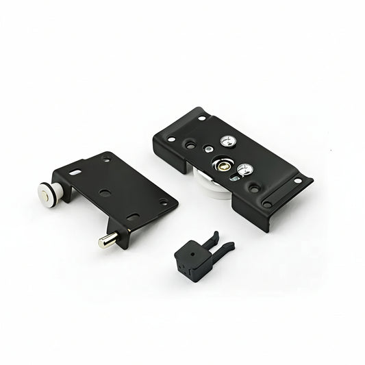 A professional-grade sliding wardrobe door roller kit in a matte black finish. This high-quality hardware set includes a heavy-duty top roller assembly with a durable nylon wheel for smooth gliding, a spring-loaded bottom guide for secure alignment, and a clip-on door stopper. Precision-engineered with multiple mounting points, it is designed to provide silent and effortless movement for wooden sliding closet doors and modern furniture partitions.
