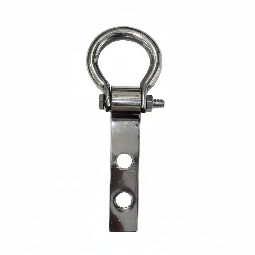 A heavy-duty DLP101 stainless steel bearing kada hook designed for ceiling fan installation and heavy swinging loads. This durable industrial-grade hardware features a polished silver finish, a reinforced circular ring, and a dual-bolt mounting plate for secure and silent 360-degree rotation.