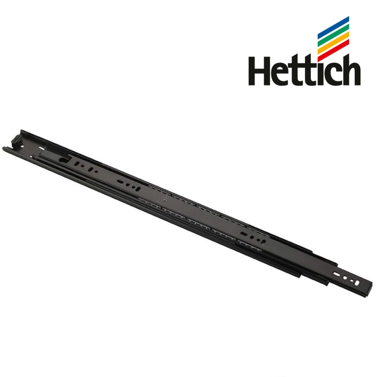 A professional-grade Hettich ball-bearing drawer runner featuring a sleek matte black finish. The image showcases the full-extension telescopic slide mechanism with precision-engineered steel ball bearings, designed for smooth, high-capacity operation in modern kitchen and office cabinetry.