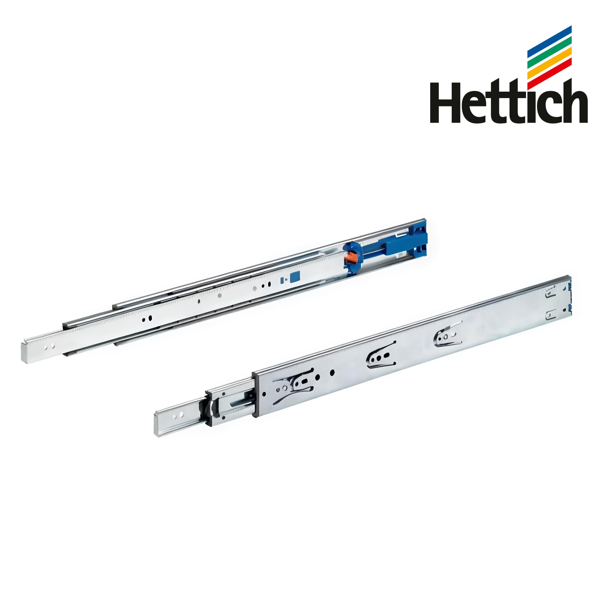 A pair of professional Hettich full-extension ball bearing drawer runners made of high-quality zinc-plated steel. The image showcases the telescopic slide mechanism with precision-engineered ball bearings and blue plastic components, designed for smooth and durable operation in kitchen and office cabinetry.