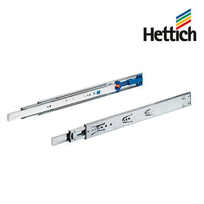 A pair of professional Hettich full-extension ball bearing drawer runners made of high-quality zinc-plated steel. The image showcases the telescopic slide mechanism with precision-engineered ball bearings and blue plastic components, designed for smooth and durable operation in kitchen and office cabinetry.