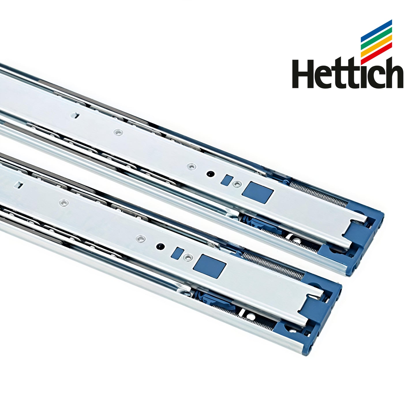 A close-up view of a pair of high-quality Hettich ball-bearing drawer runners made of durable zinc-plated steel. The image highlights the internal telescopic mechanism, featuring precision steel ball bearings and blue plastic components designed for smooth, high-load capacity movement in kitchen and office cabinetry.