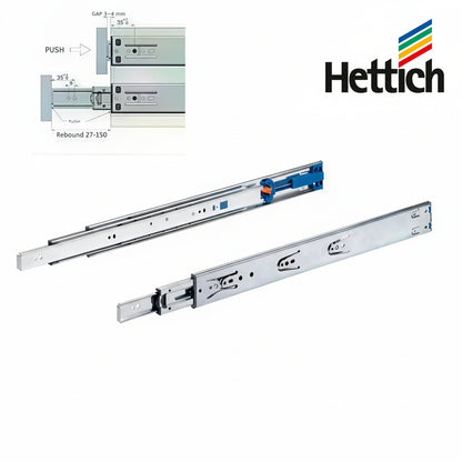 A pair of professional Hettich push-to-open full-extension ball-bearing drawer runners made of high-grade zinc-plated steel. The image includes a technical installation diagram showing the required 3-4mm gap for the rebound mechanism and mounting specifications for handle-less cabinet drawers.