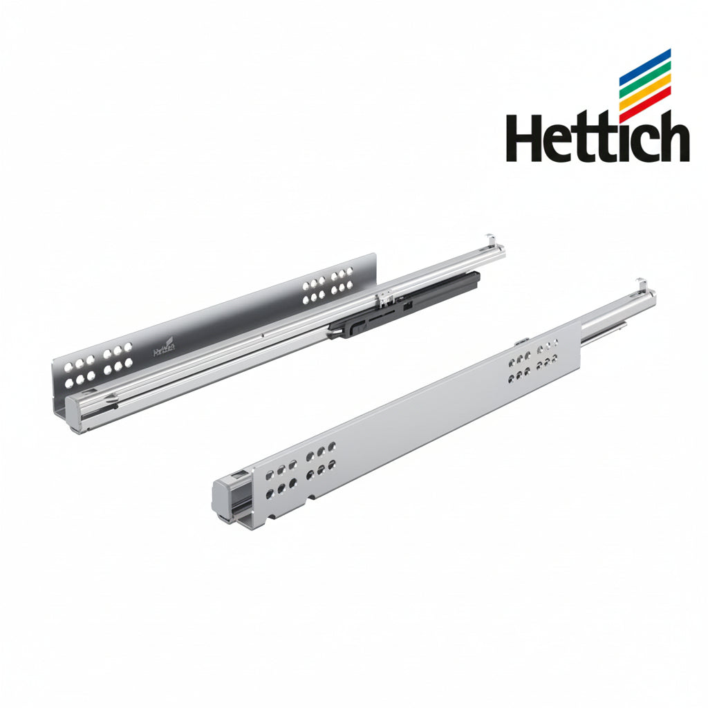 A pair of high-performance Hettich Quadro under-mount drawer runners made of corrosion-resistant galvanized steel. The image displays the concealed telescopic slides with integrated Silent System soft-close technology, designed for smooth, invisible installation in premium kitchen and furniture cabinetry.