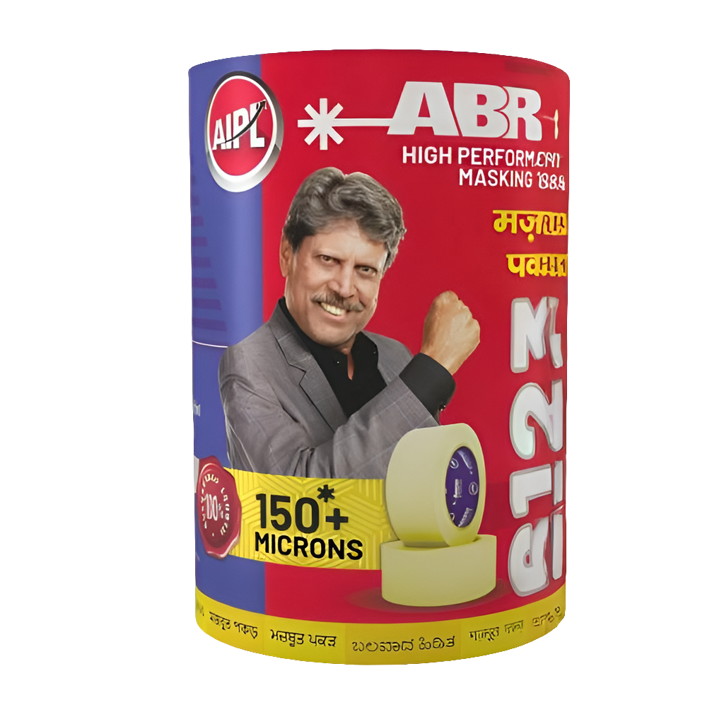 Retail packaging for ABRO 6123 High Performance Masking Tape featuring a $150+$ microns thickness rating. The red and blue label shows the cream-colored tape rolls and highlights the product's strong grip for professional painting and industrial masking applications.