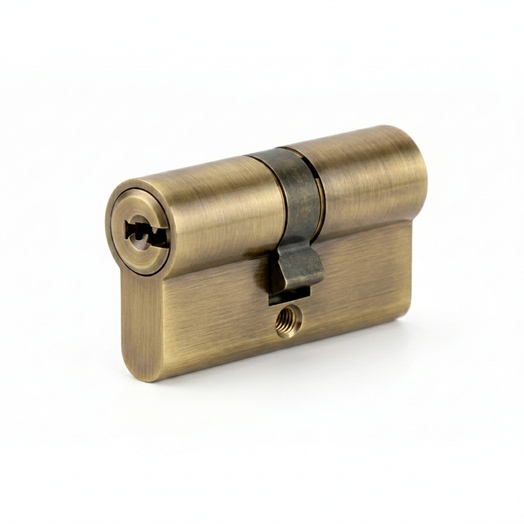 A high-security Euro profile double cylinder door lock barrel in a premium brushed antique brass finish. The image showcases the precision-engineered keyway and central cam, designed with anti-pick and anti-drill protection for luxury residential and commercial door security systems.