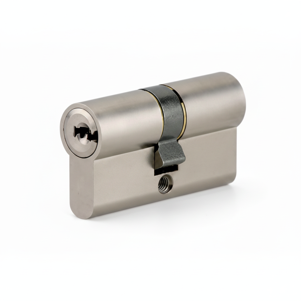 A high-security Euro profile double cylinder door lock barrel in a premium satin nickel finish. The image showcases the precision-engineered keyway and central cam, designed with anti-pick and anti-drill protection for residential and commercial door security systems.