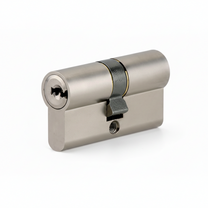 A high-security Euro profile double cylinder door lock barrel in a premium satin nickel finish. The image showcases the precision-engineered keyway and central cam, designed with anti-pick and anti-drill protection for residential and commercial door security systems.