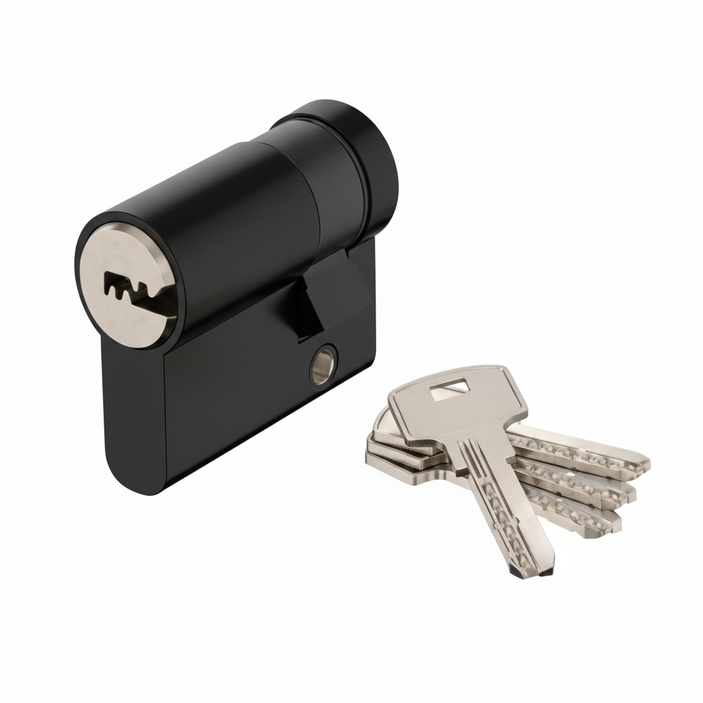 A high-security Euro profile double cylinder door lock in a premium matte black finish, shown with a set of five high-precision dimple keys. The image highlights the anti-drill and anti-pick security features and the standardized barrel design ideal for contemporary residential and commercial entry doors.