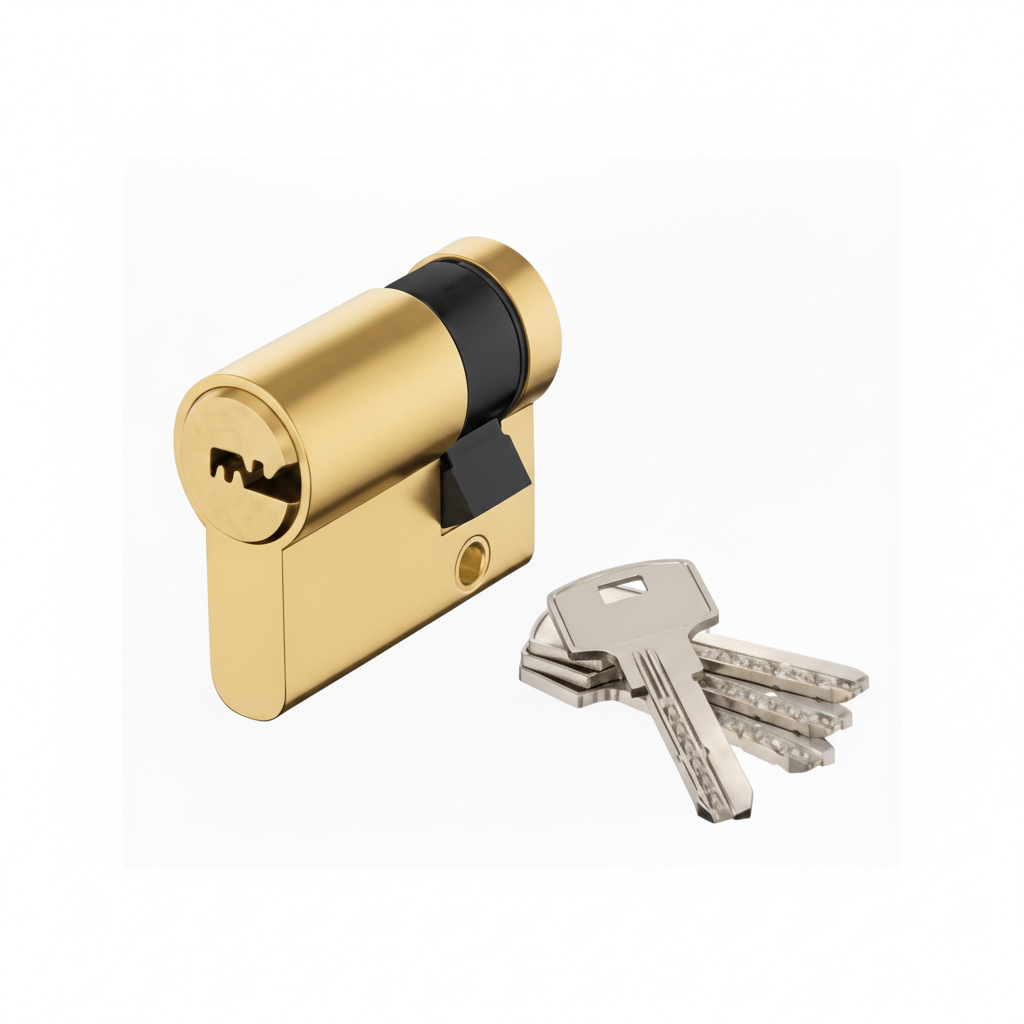 A high-security Euro profile double cylinder door lock in a premium gold finish, presented with a set of five high-precision dimple keys. The image highlights the anti-drill and anti-pick security features and the standardized barrel design ideal for luxury residential and commercial entry doors.