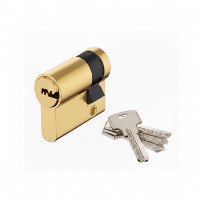 A high-security Euro profile double cylinder door lock in a premium gold finish, presented with a set of five high-precision dimple keys. The image highlights the anti-drill and anti-pick security features and the standardized barrel design ideal for luxury residential and commercial entry doors.