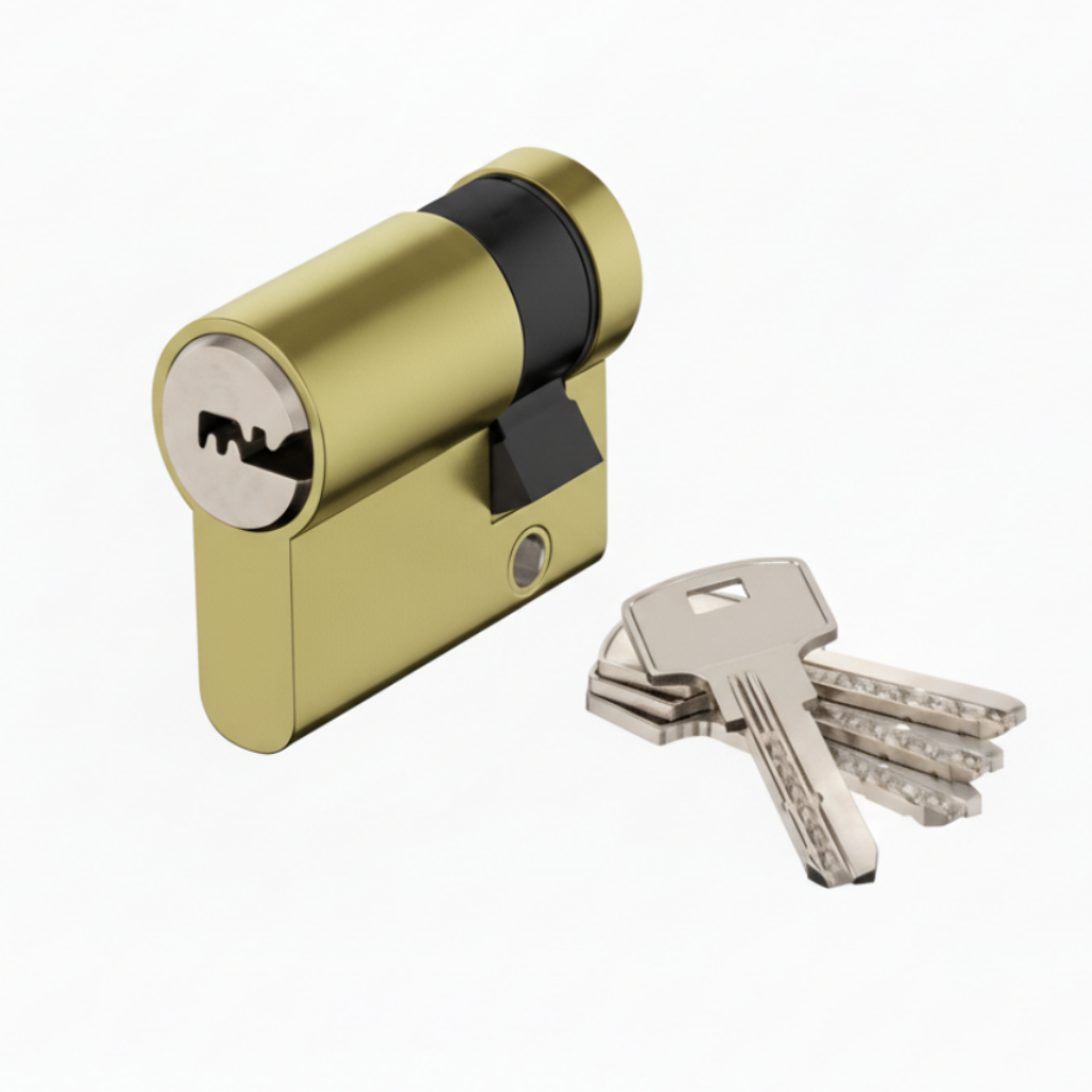 A high-security Euro profile double cylinder door lock in a premium polished gold finish, presented with a set of five high-precision dimple keys. The image highlights the anti-drill and anti-pick security features and the standardized barrel design ideal for luxury residential and commercial entry doors.